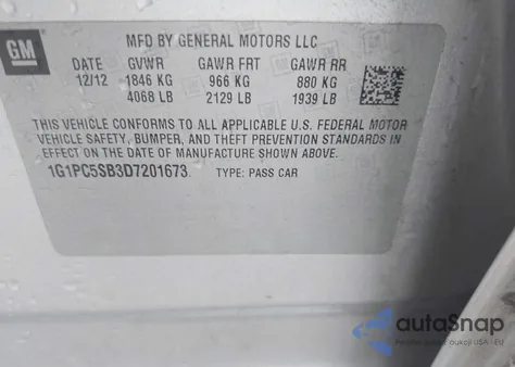 2013 Chevrolet Cruze 1Lt Auto z USA, uszkodzony, nr VIN 1G1PC5SB3D7201673